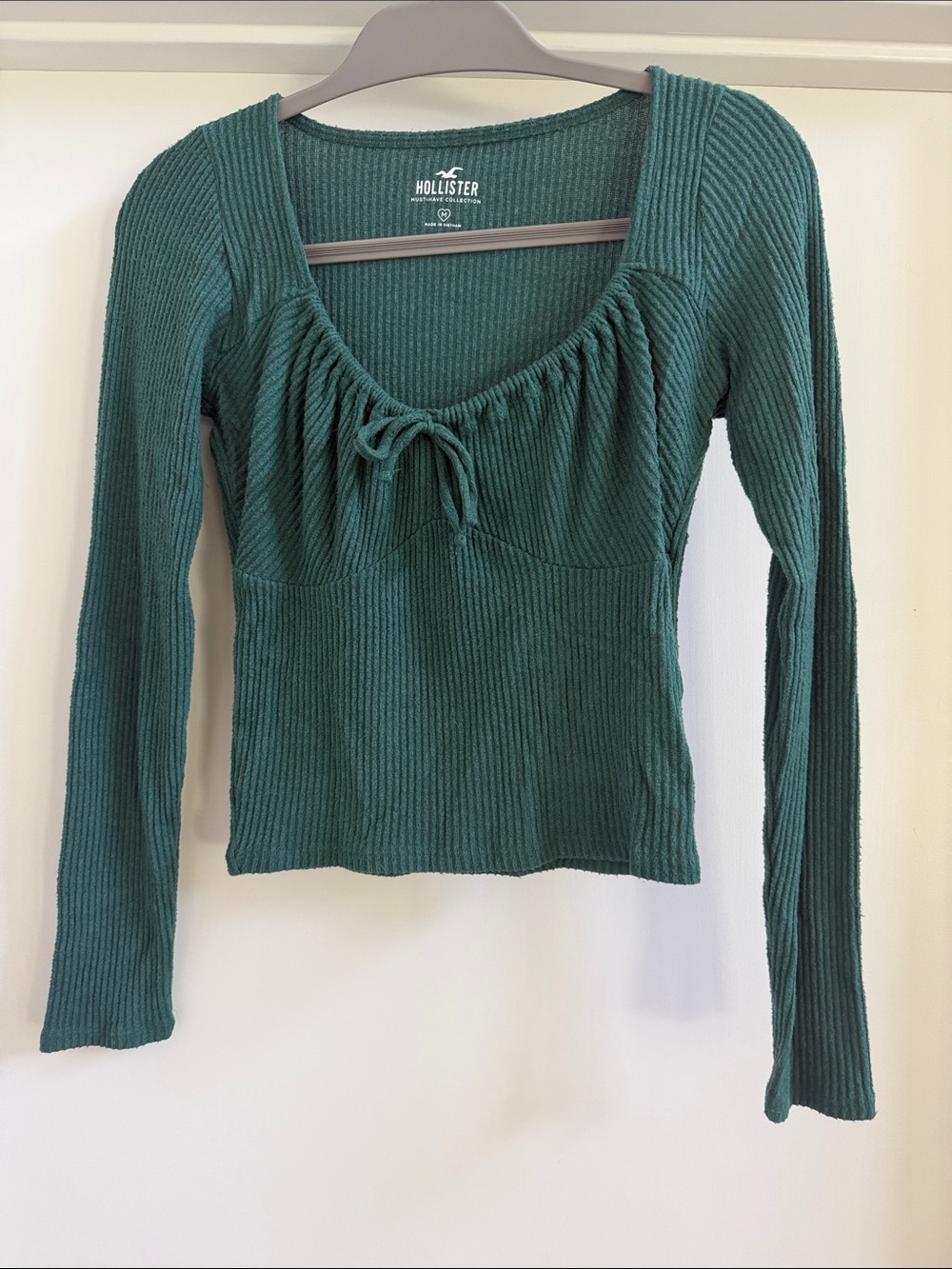 Hollister Deep Teal Ribbed Scoop-Neck Long Sleeve Top with Front Tie
